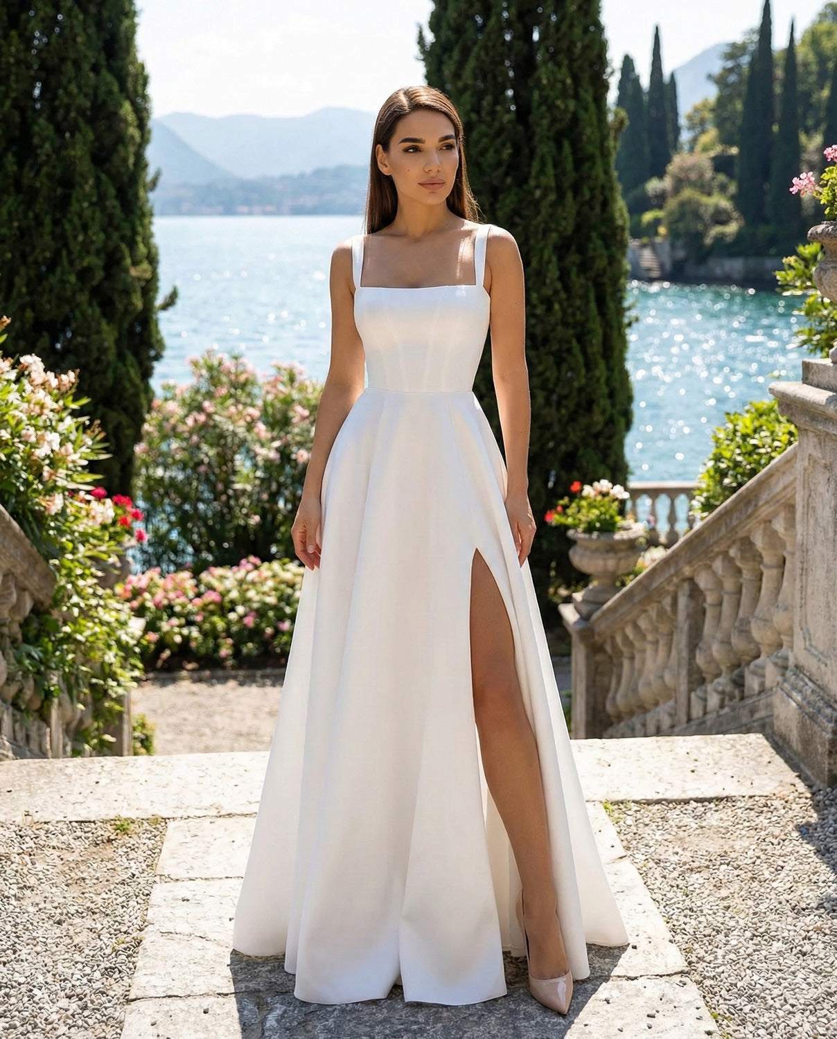 Langes weißes Brautkleid aus Satin mit elegantem und raffiniertem Schlitz