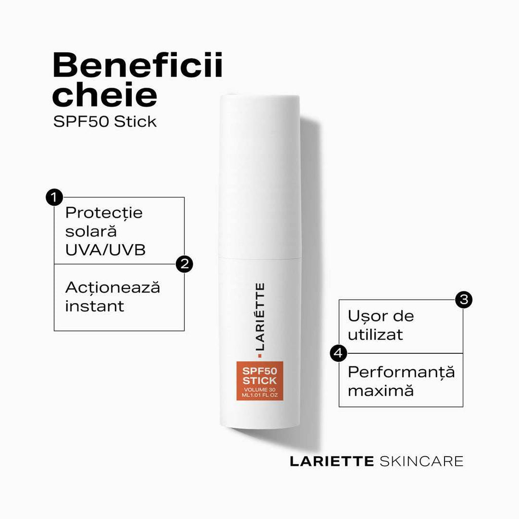 Beneficii SPF50 stick protectie solara filtre minerale Lariette Skincare