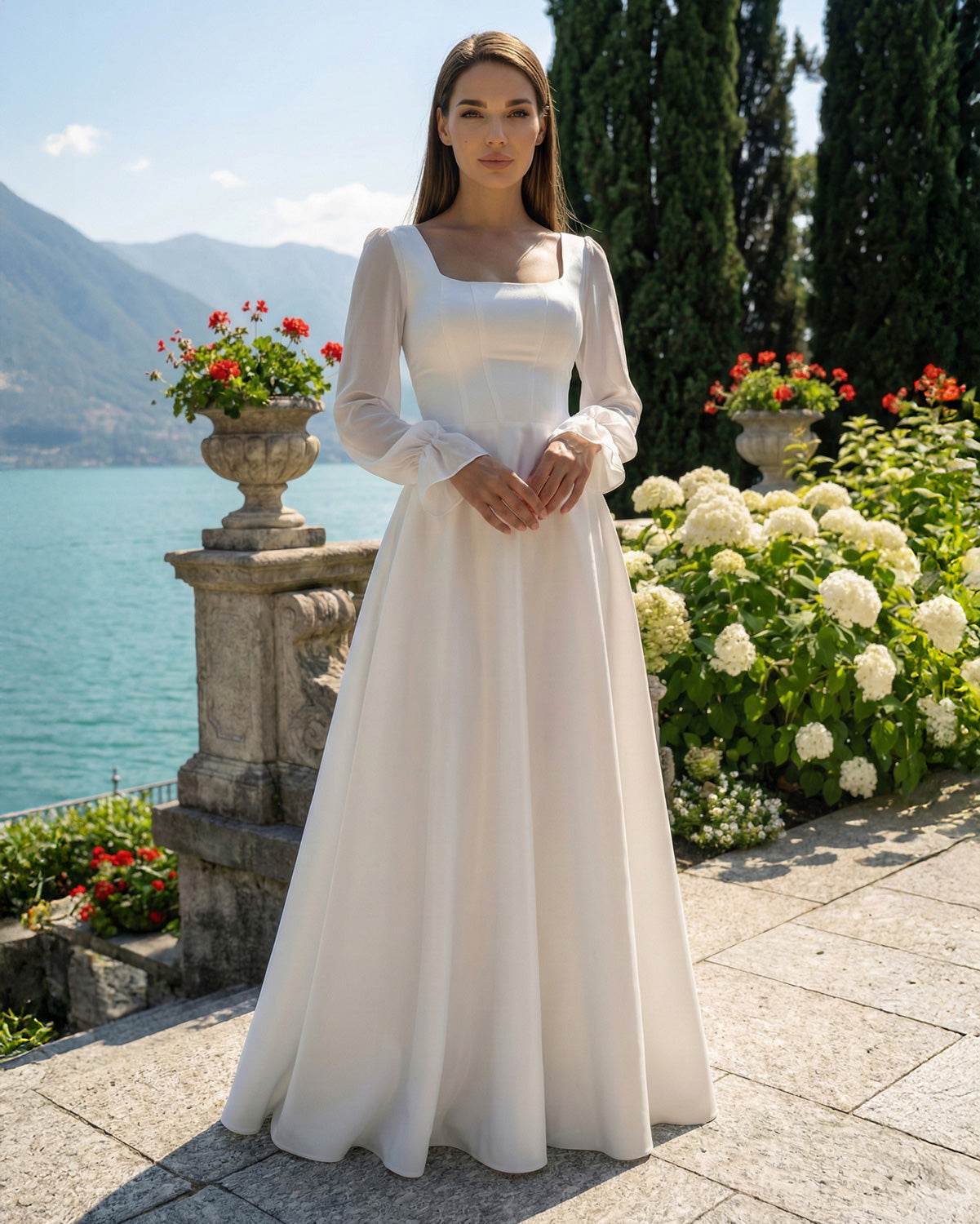 Langes A-Linien-Brautkleid mit verstellbarem Korsett und langen Voile-Ärmeln