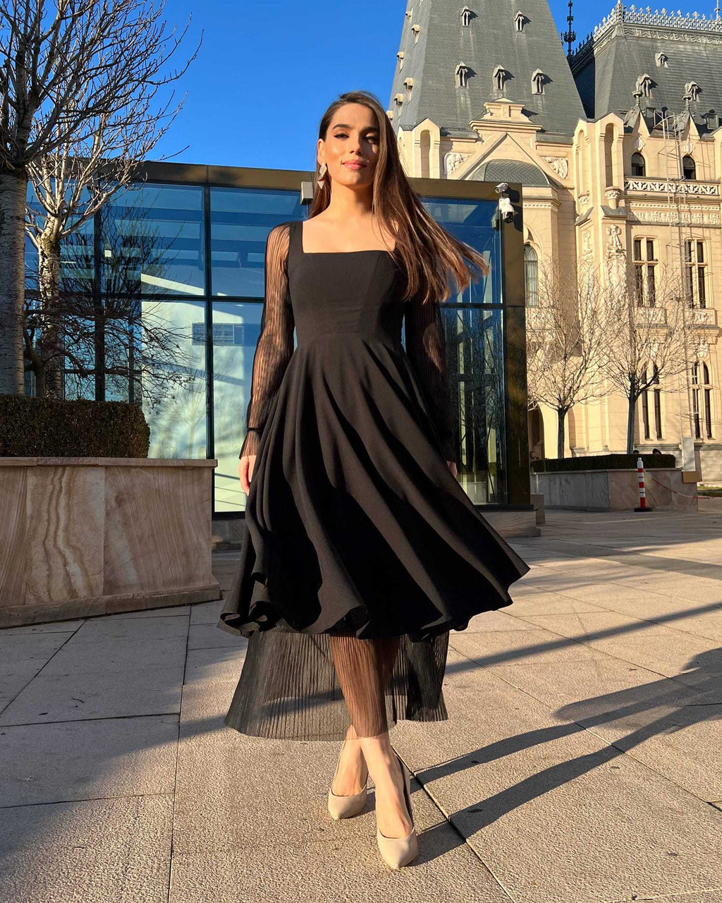 Rochie de ocazie neagra cu maneci transparente - BELLADRESS